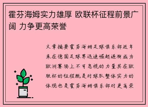 霍芬海姆实力雄厚 欧联杯征程前景广阔 力争更高荣誉