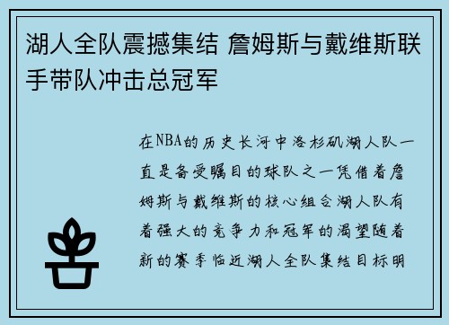 湖人全队震撼集结 詹姆斯与戴维斯联手带队冲击总冠军
